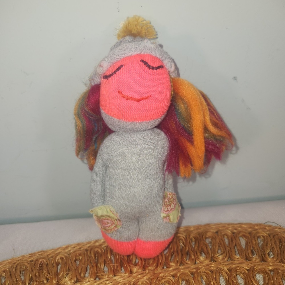 Handmade Sock Doll Plush | Yarn Hair Beanie Hat Folk Art Doll ~10"